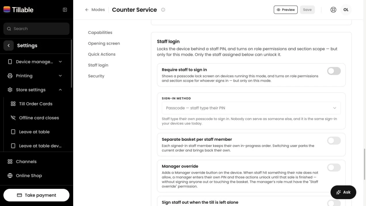 Tillable mode settings showing required staff sign-in and manager override controls