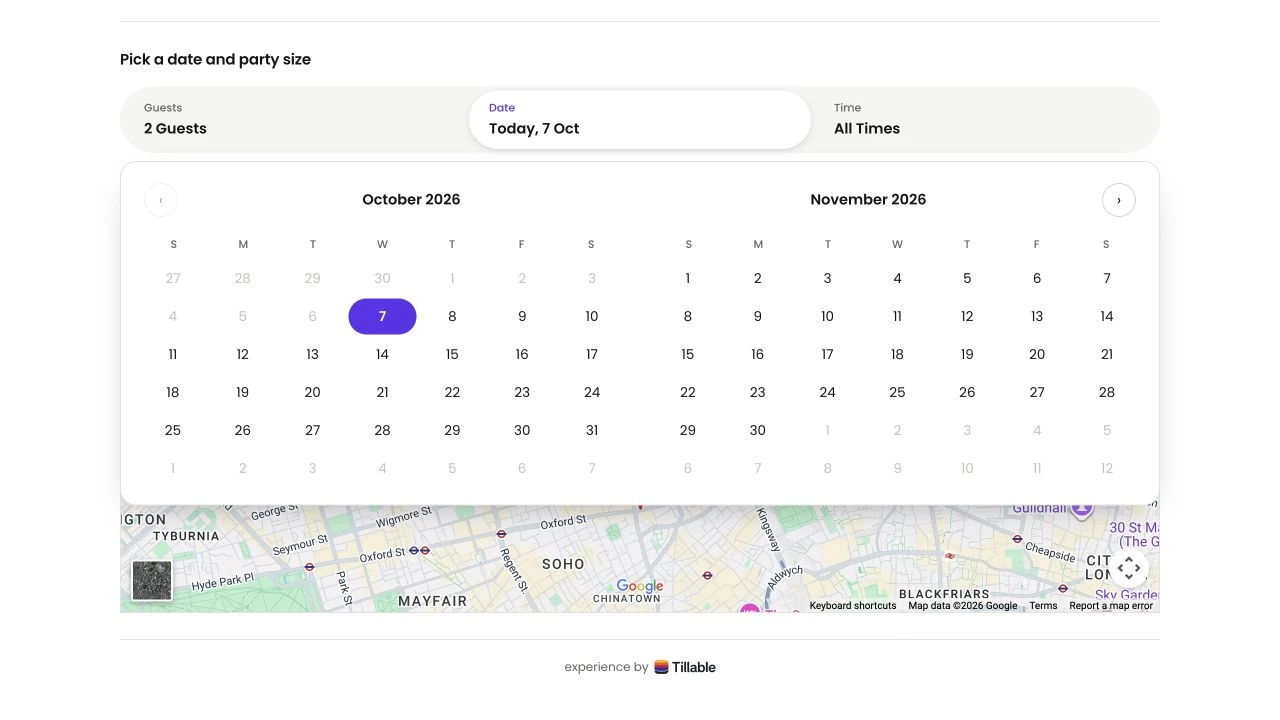 Tillable guest booking preview with a date calendar, party size and time selectors