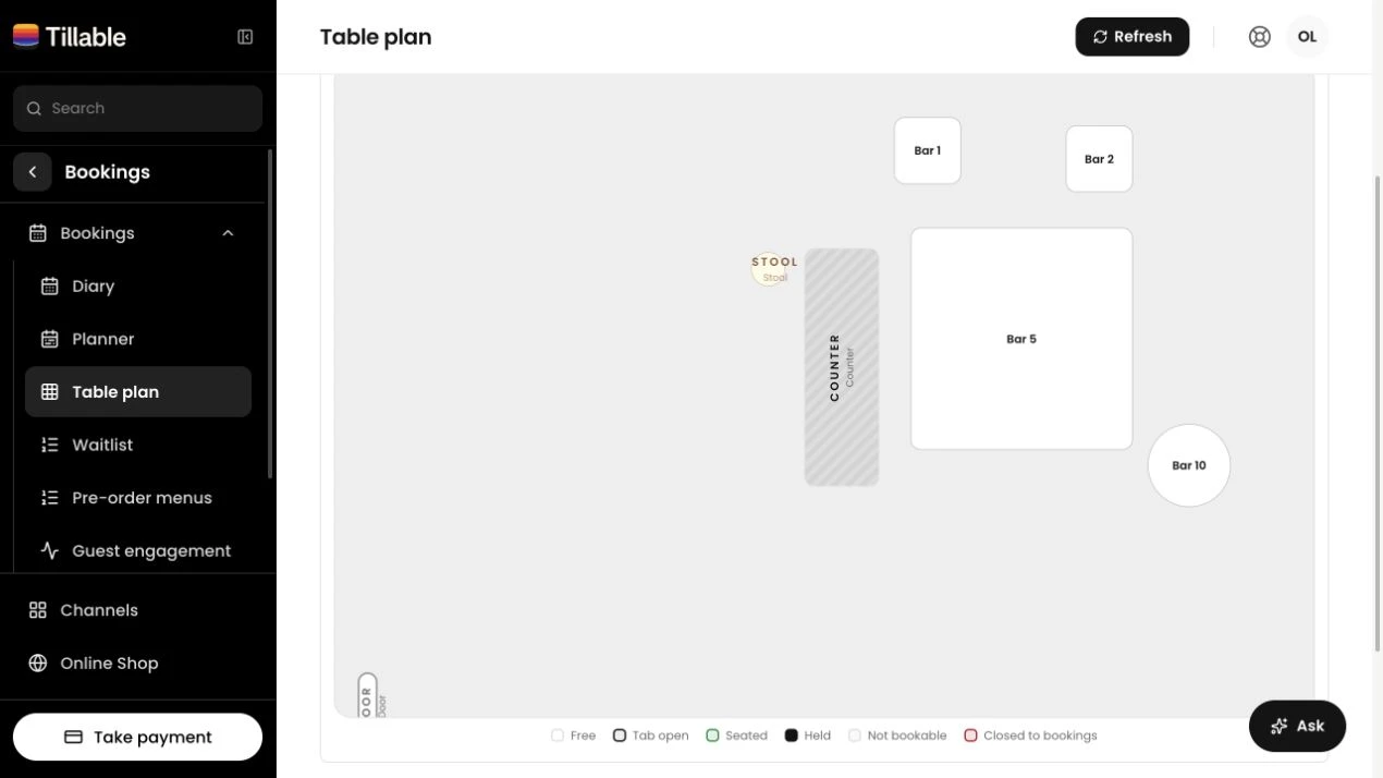 Tillable table plan showing the development account’s room layout and tables