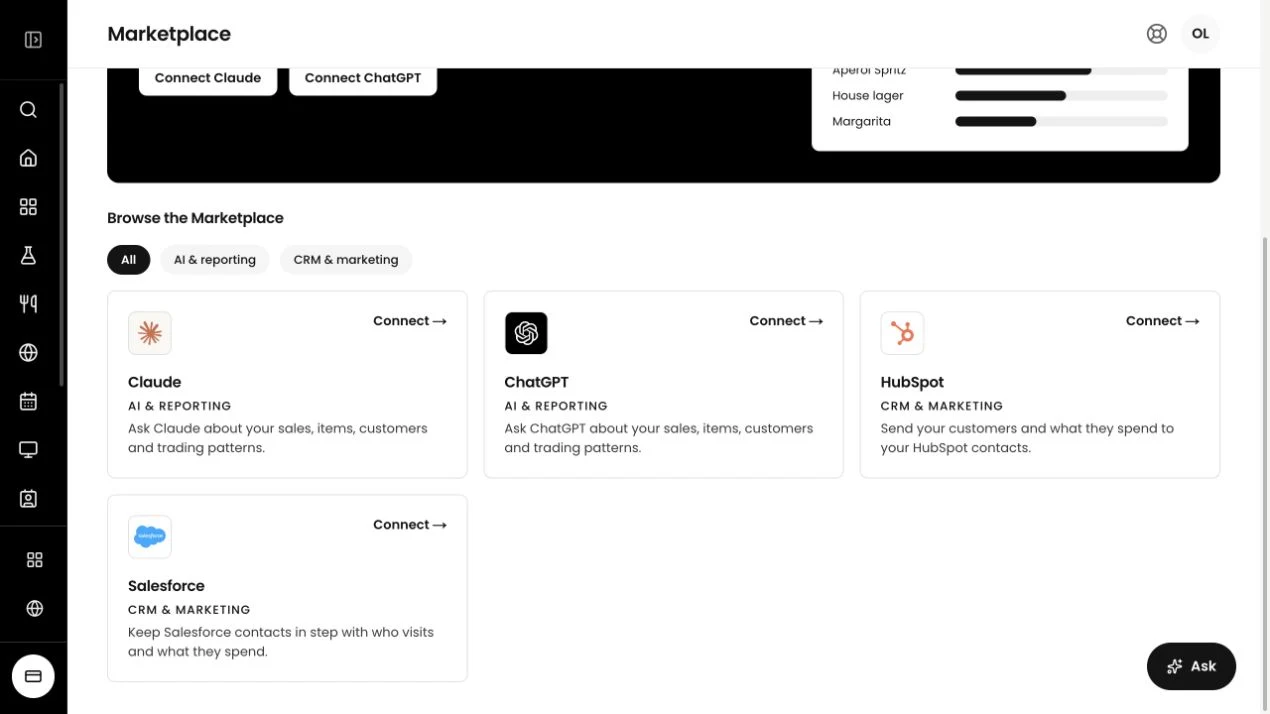 Tillable’s marketplace showing its existing AI and CRM connections.