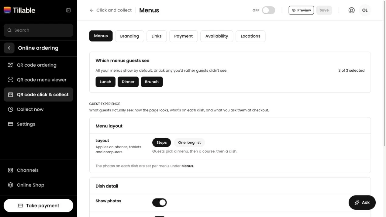 Tillable Click and Collect menu settings, with menu selection, layout and product photo controls