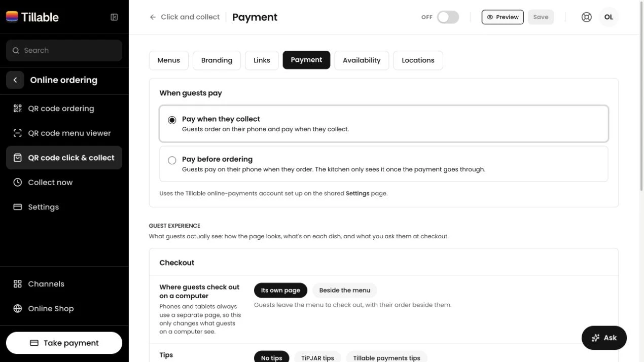 Tillable collection payment settings showing pay when they collect and pay before ordering