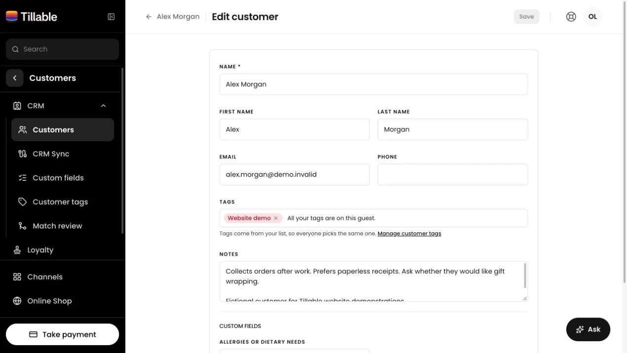Tillable customer form with a fictional name, email, Website demo tag and notes for the team
