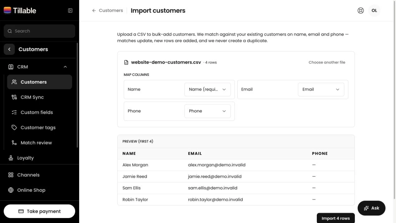 Tillable customer CSV import with column mapping and a preview of fictional demonstration contacts