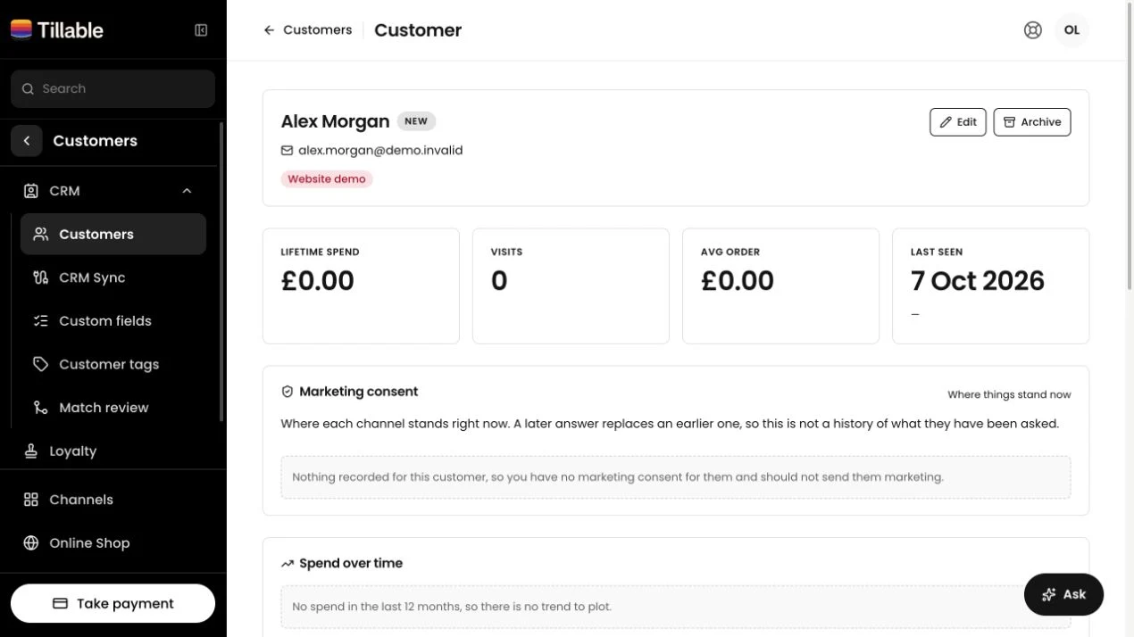Tillable profile for fictional customer Alex Morgan, showing contact details, the Website demo tag and the marketing consent section