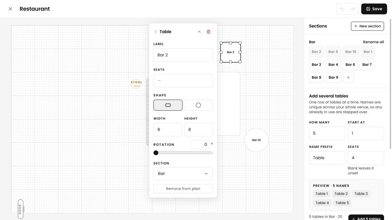 Tillable Floor Plan Builder showing tables arranged on a room canvas