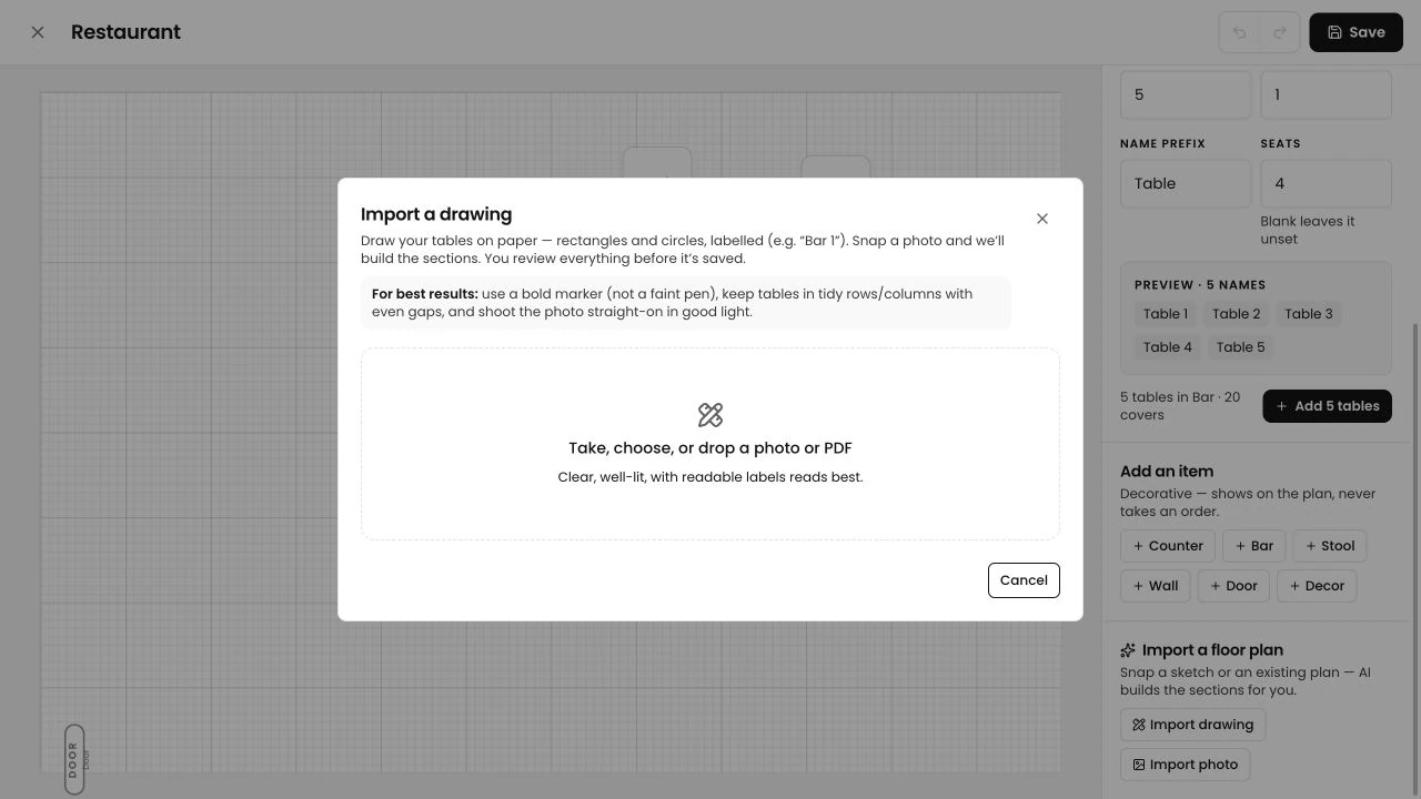 The Tillable Import a drawing screen, with a photo or PDF upload and guidance for readable table labels.