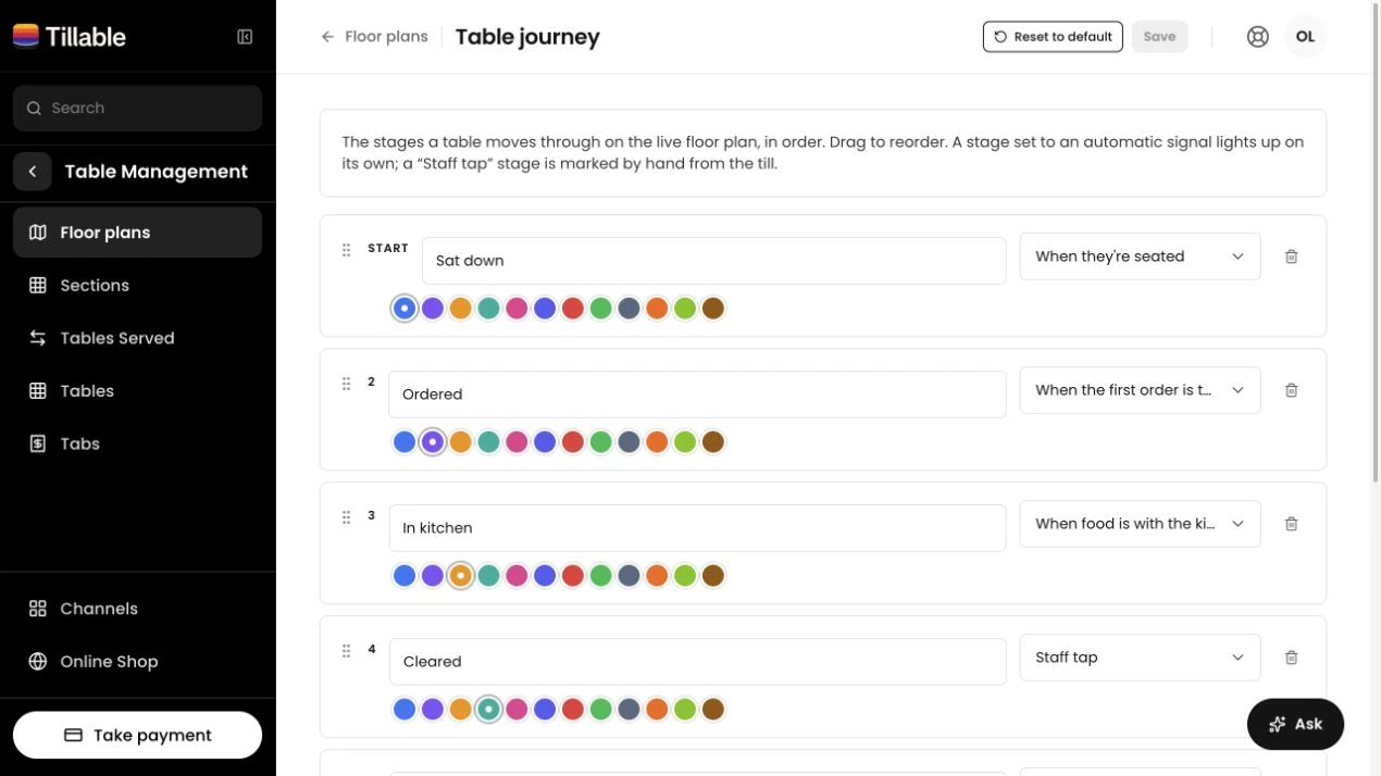 Tillable table journey settings showing named service stages and their colours