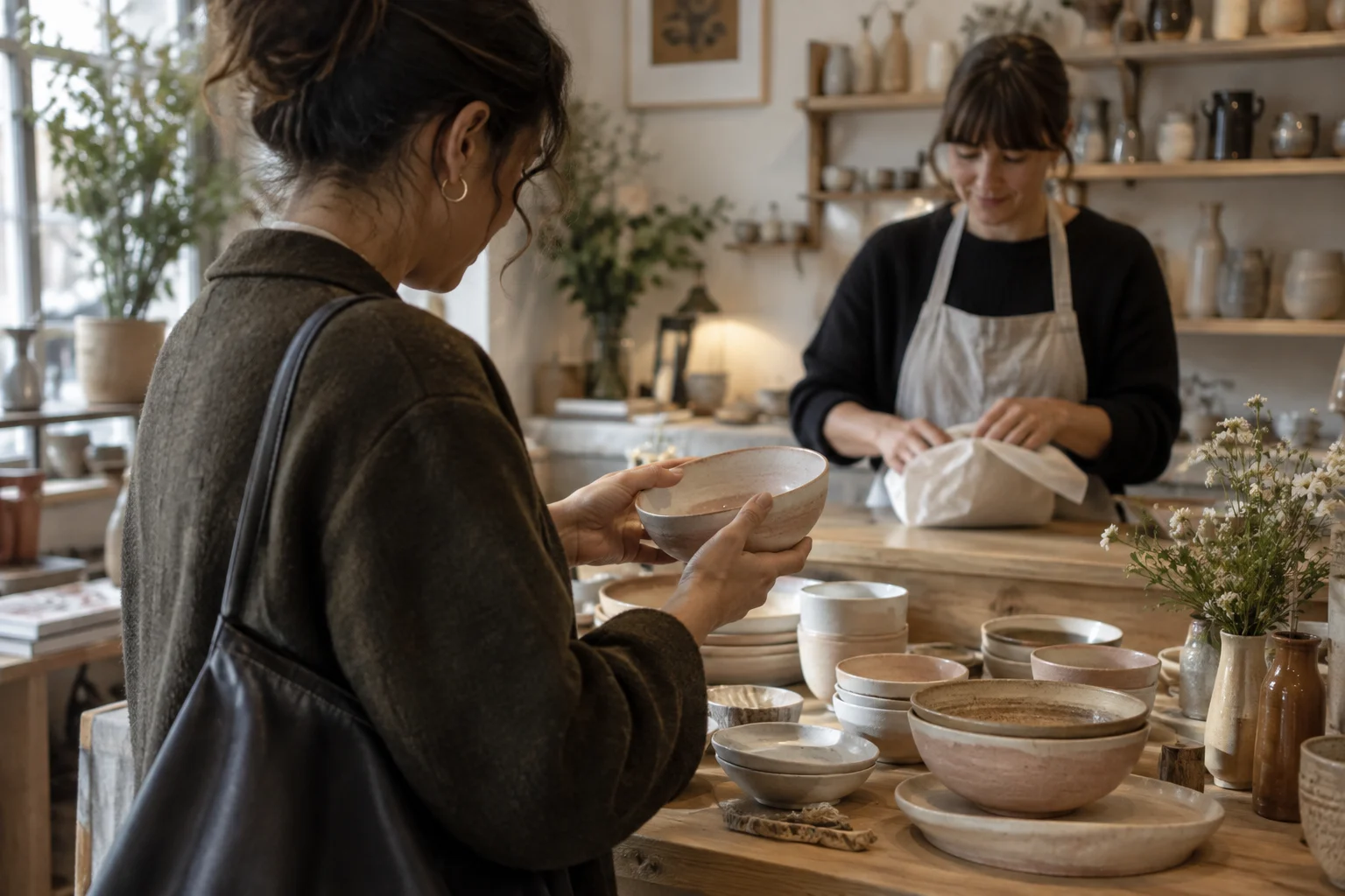 A customer choosing a ceramic bowl while a shopkeeper wraps a purchase