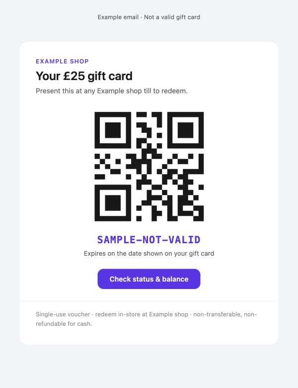 Example Tillable gift-card email with its value, QR code, expiry and status link