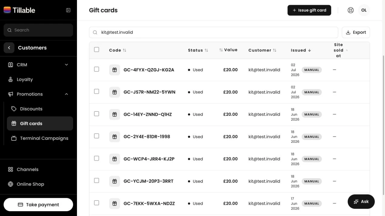 Tillable gift-card records showing codes, used status, values, issue dates and an export control