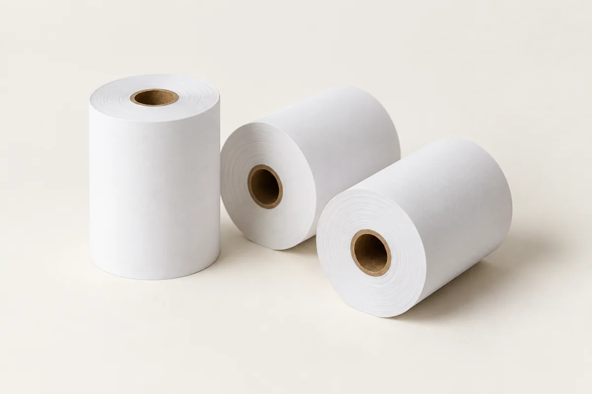 Illustrative white thermal receipt paper rolls.