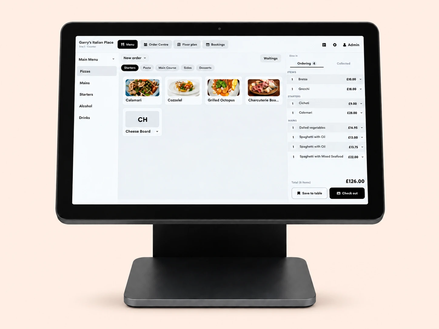 Tillable Register showing the product catalogue and an open order.