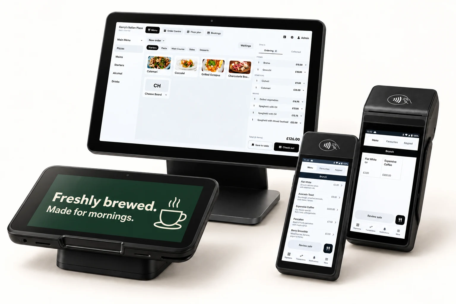 Tillable countertop POS, handheld POS, payment terminal and customer-facing display showing a café coffee promotion.