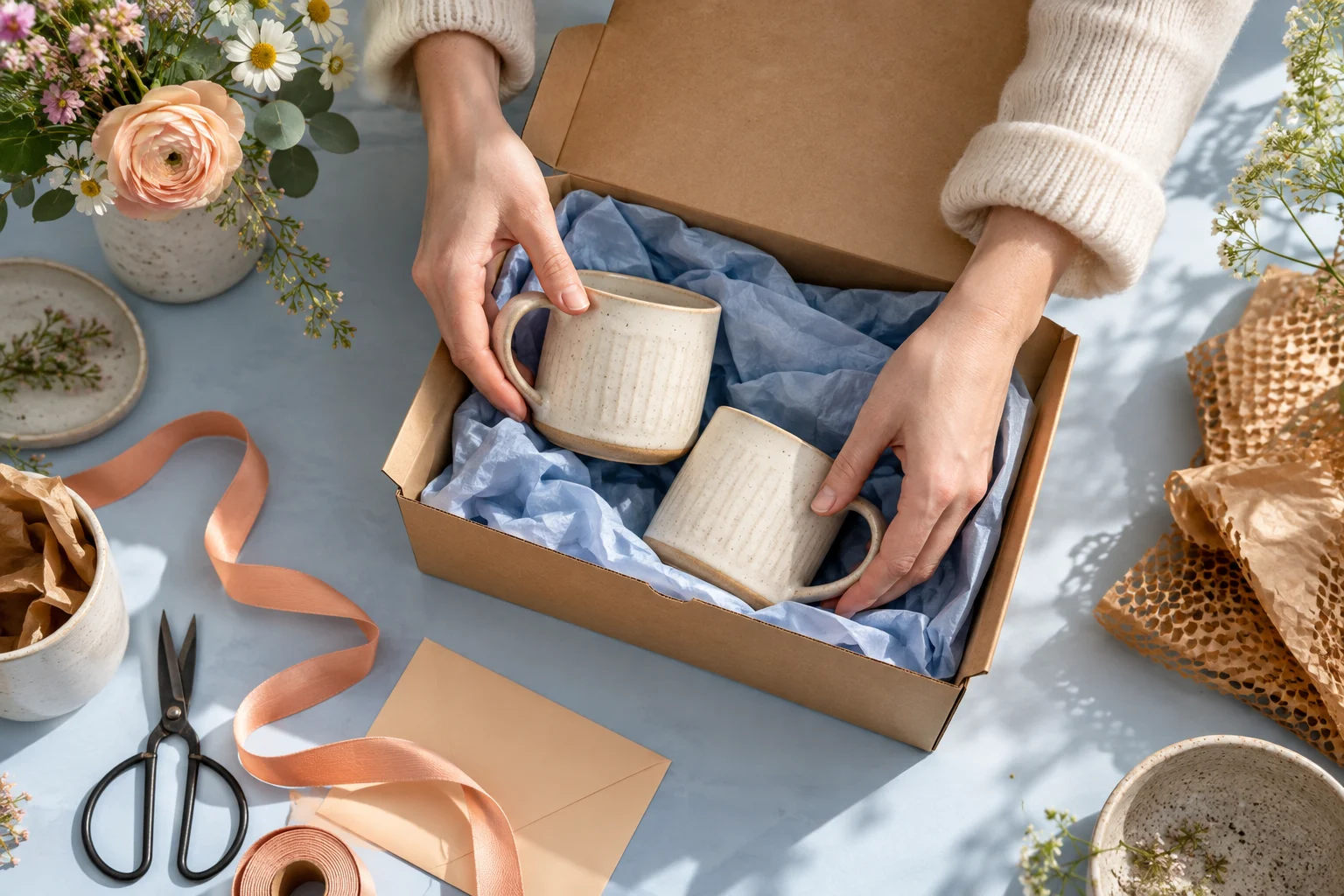 Hands packing ceramic cups in a box with blue tissue paper