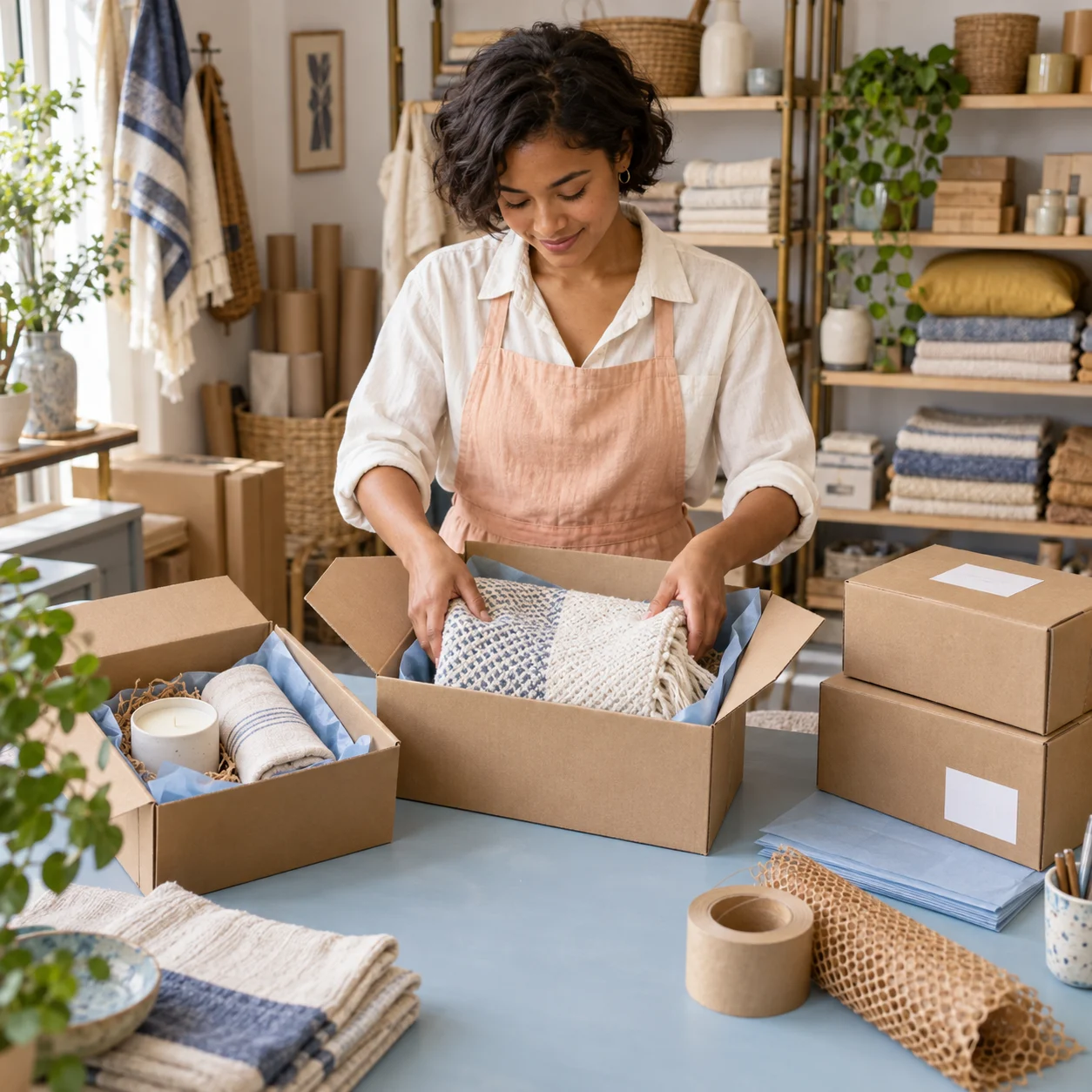 A shop owner packs homewares into ecommerce order boxes, with sealed parcels ready for dispatch.