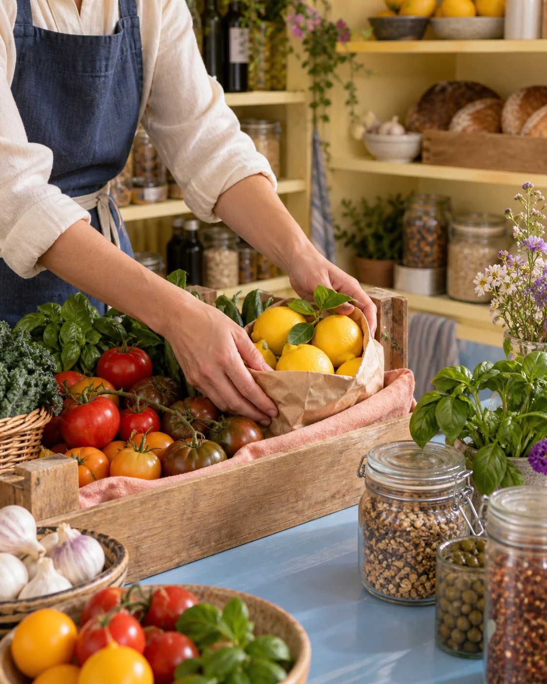 A shopkeeper arranging fresh produce on a wooden counter.