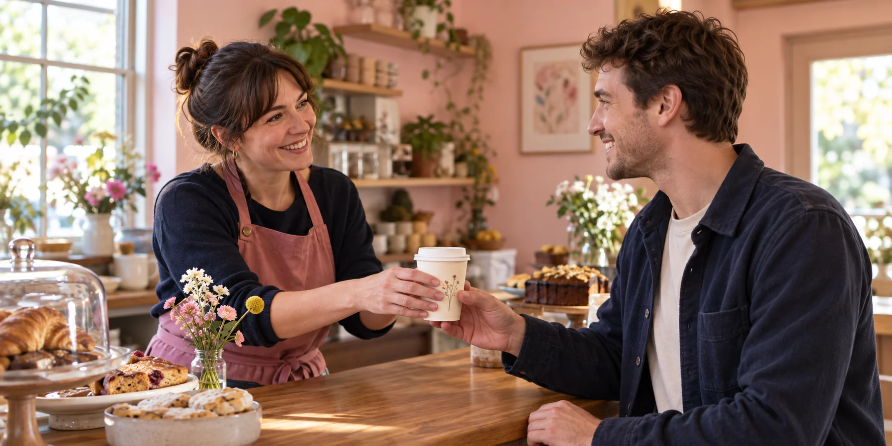 A café owner handing a takeaway coffee to a smiling customer.