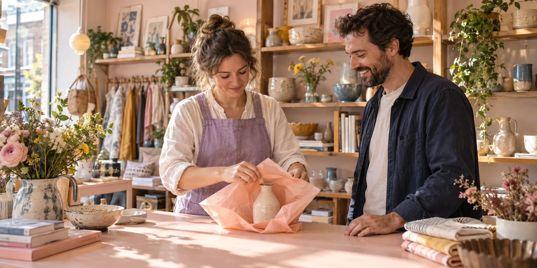 A homewares shopkeeper wraps a ceramic vase in peach tissue for a customer.