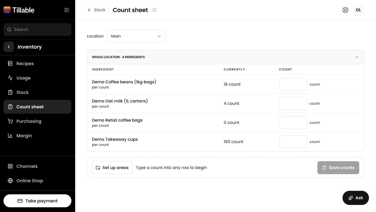 Tillable count sheet with ingredients grouped by the area where they are counted