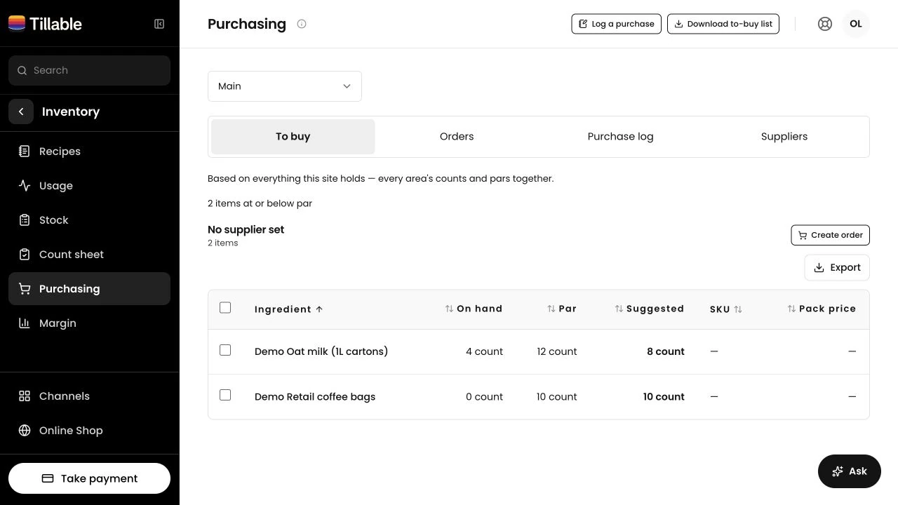Tillable purchasing page showing ingredients to buy and supplier information
