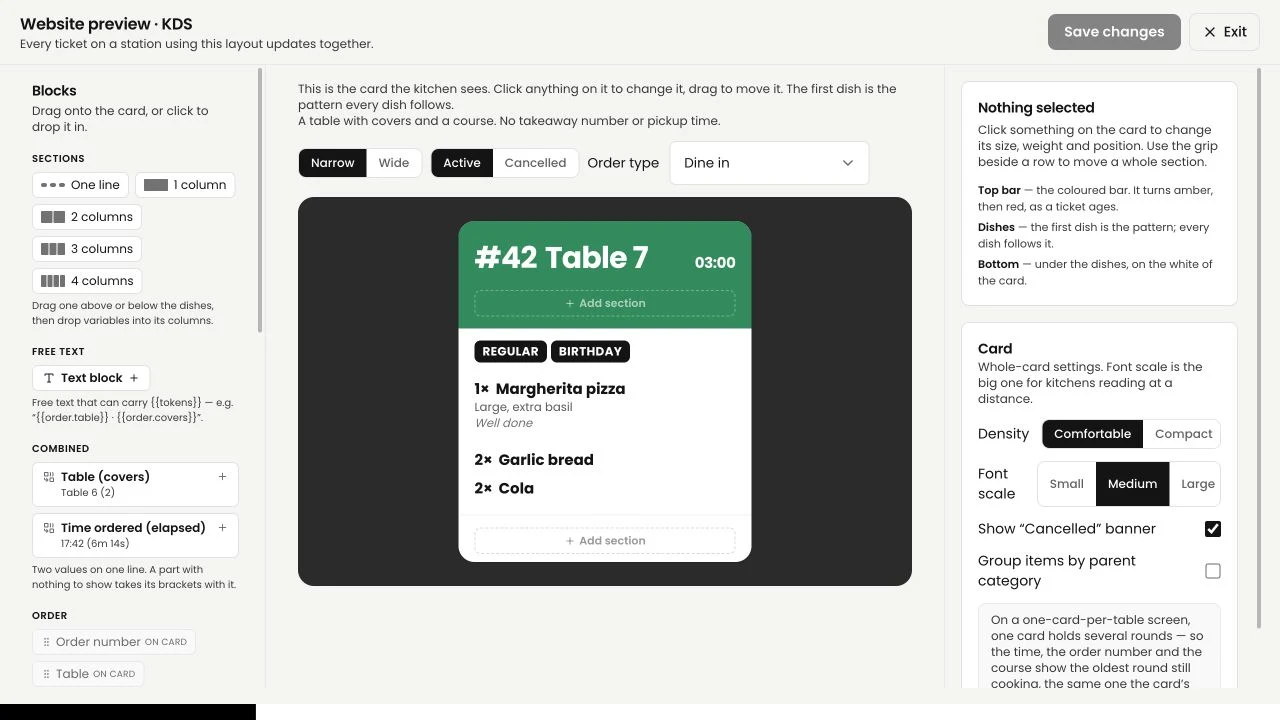 Tillable’s screen editor with the kitchen ticket preview, available fields and font-size controls.