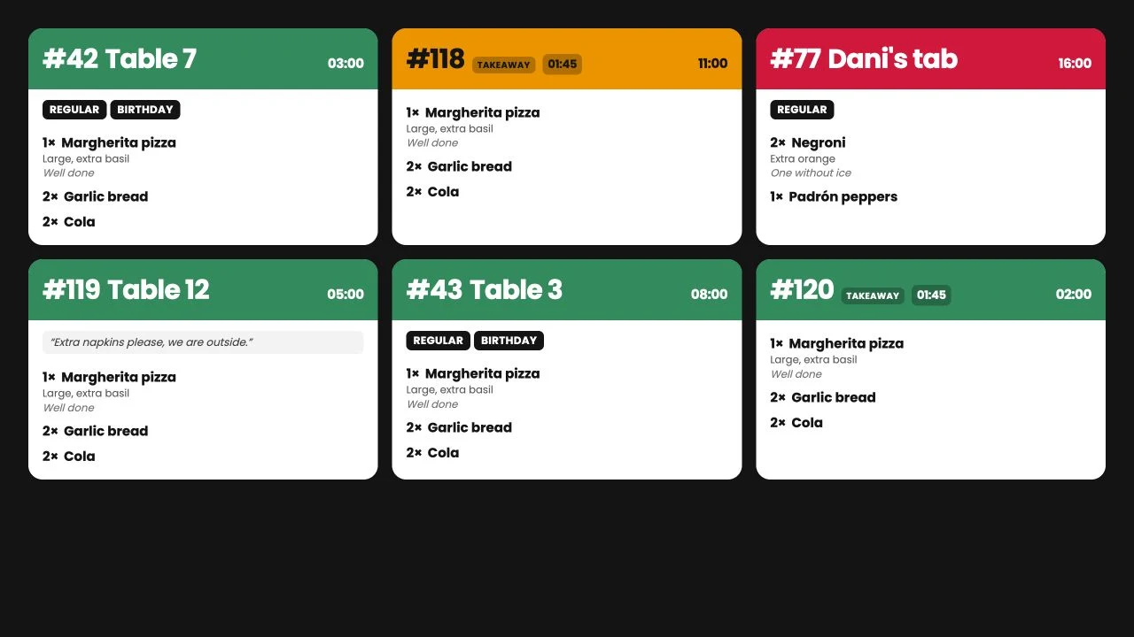 Tillable kitchen display preview showing order tickets and the details for each item