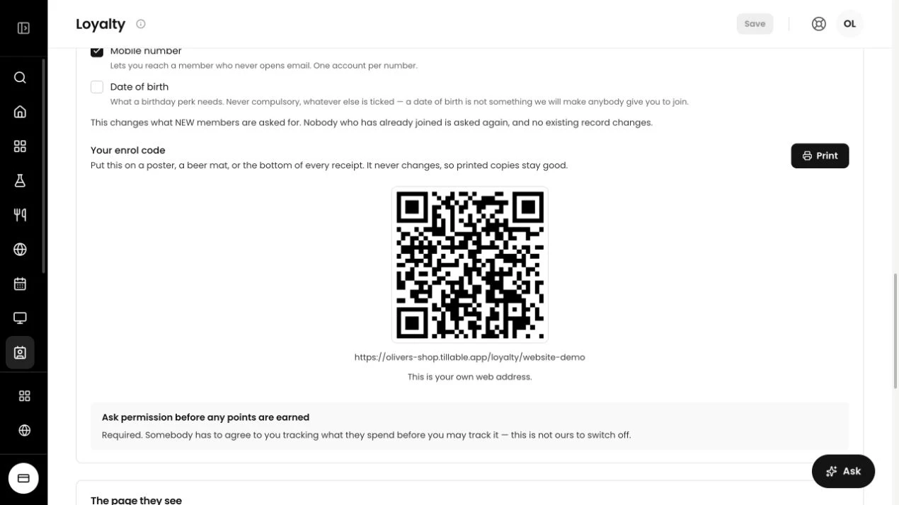 Tillable Loyalty setup showing a printable sign-up QR code and the consent requirement for a disabled demo scheme.