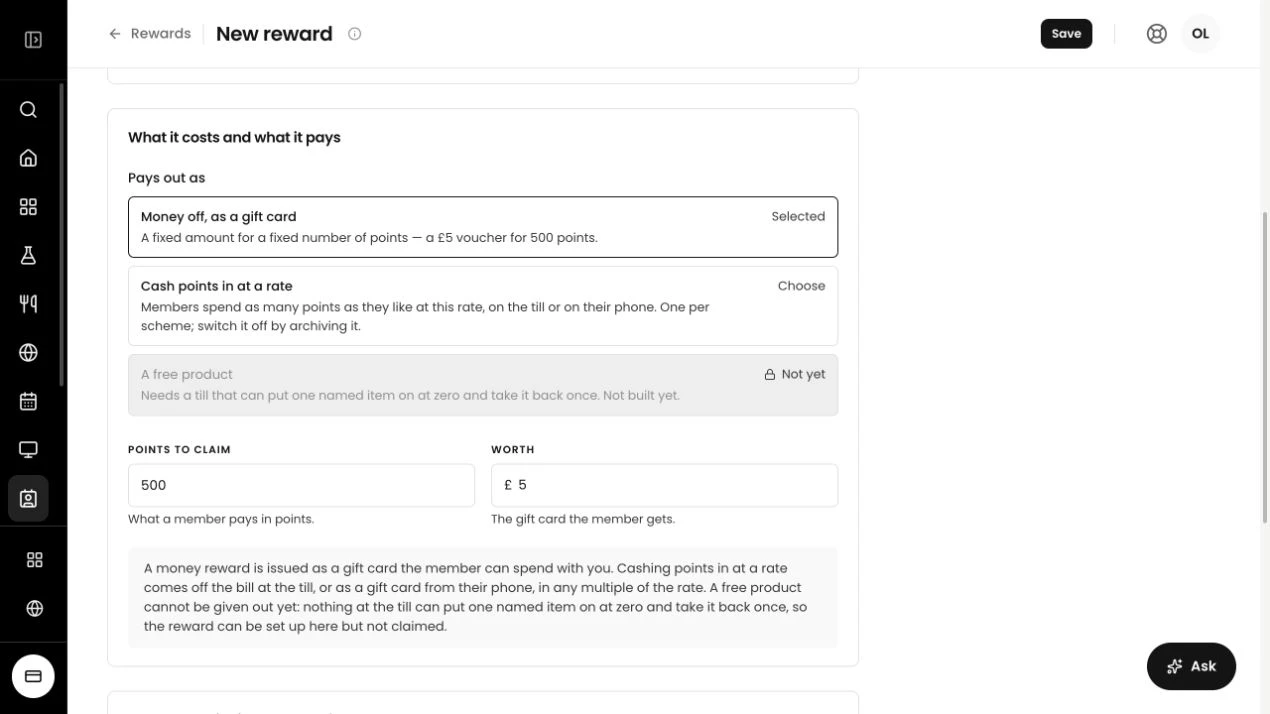Tillable reward controls showing a fixed money-off reward, cash-in option and example points cost and value.