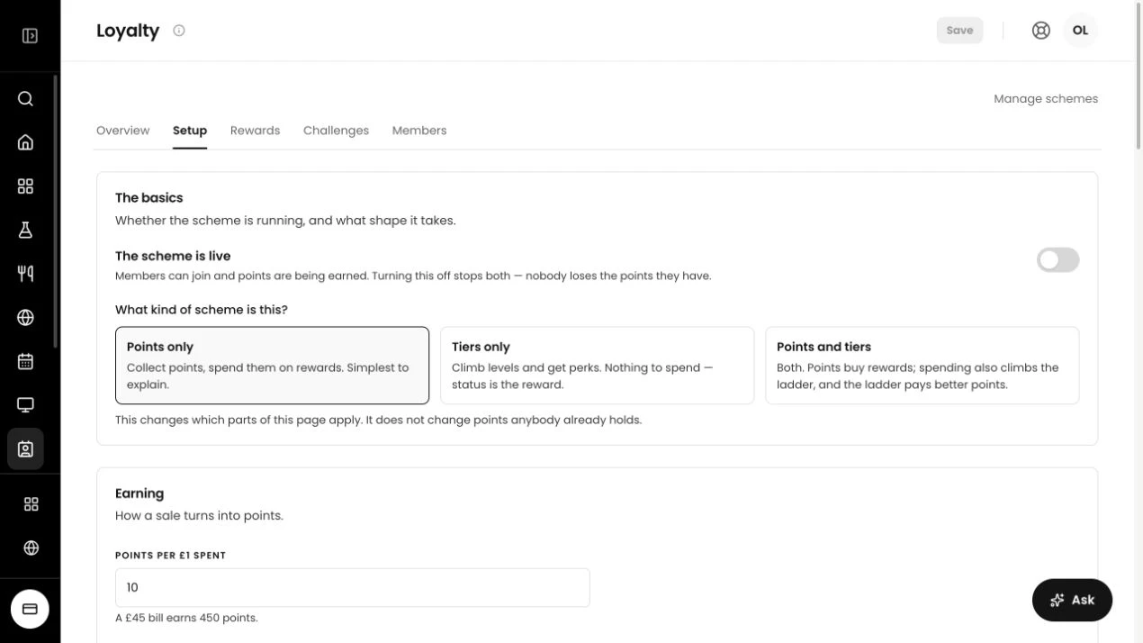 Tillable Loyalty setup showing points, tiers or both and the points-per-pound setting. The demo scheme is switched off.