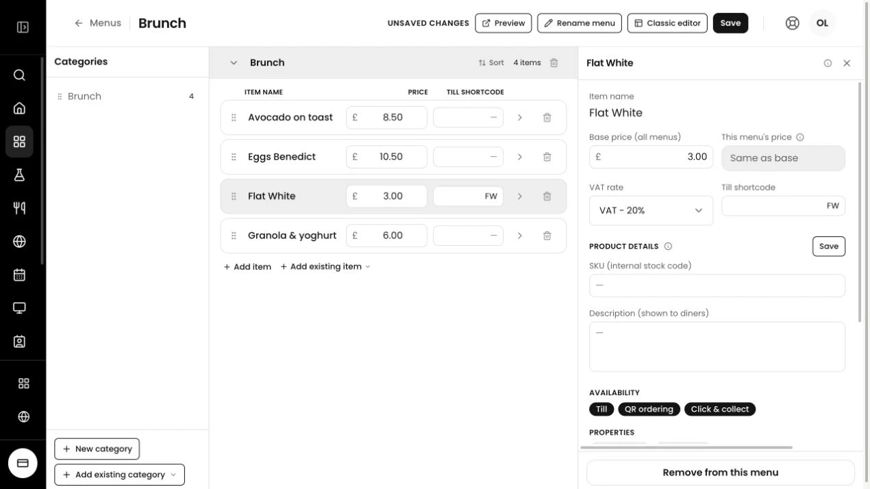 Tillable’s menu builder, with a brunch category, editable product rows and Flat White details open alongside them