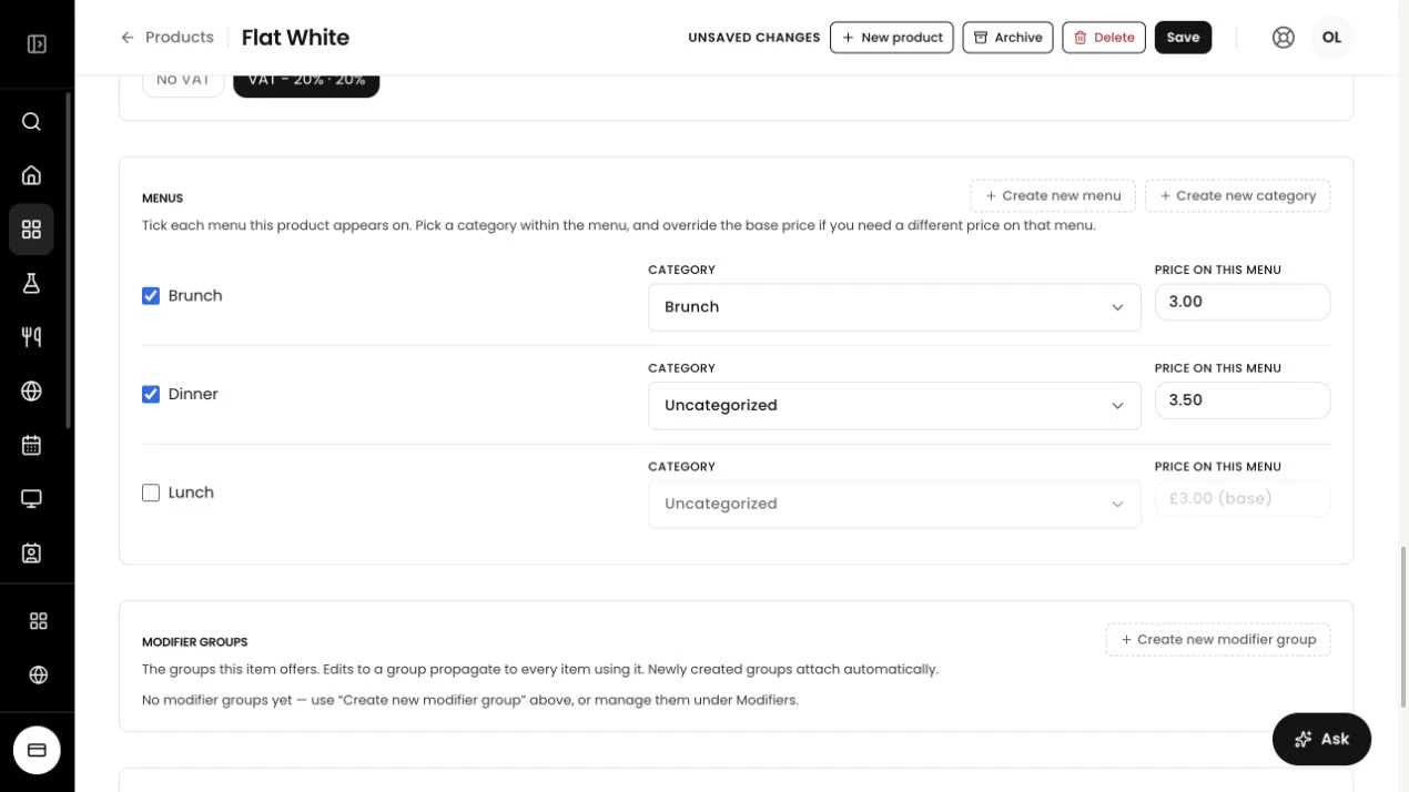 Tillable product editor showing menu membership and separate prices for the same product