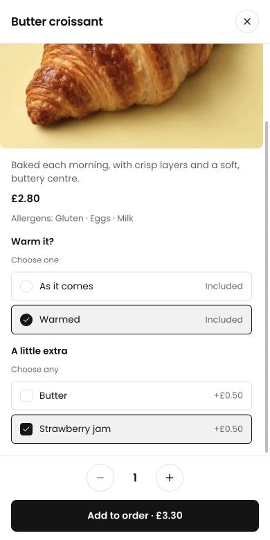A croissant in Tillable QR ordering with a warming choice and optional butter or jam