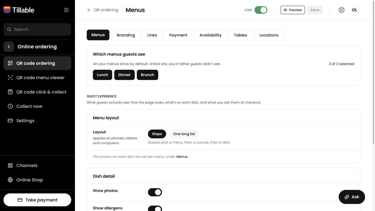 Tillable QR ordering settings showing the selection of menus customers see and the menu layout controls