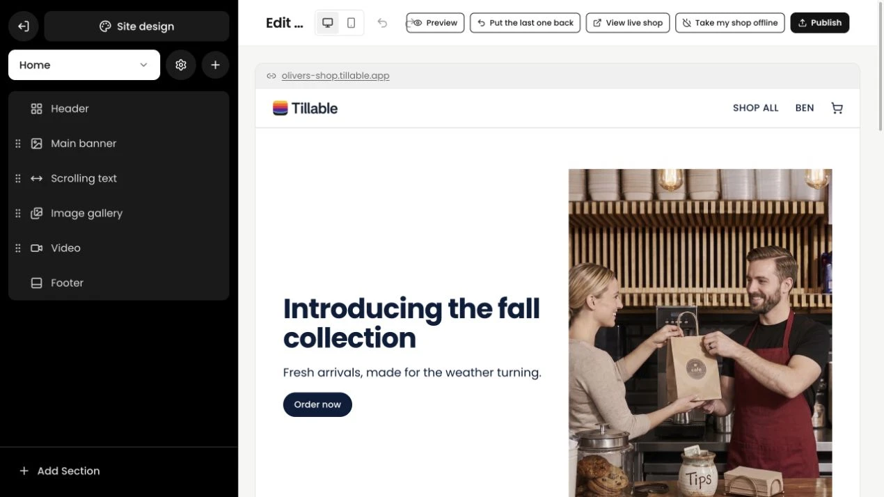 Tillable Online Shop builder with its section list beside the storefront being edited.