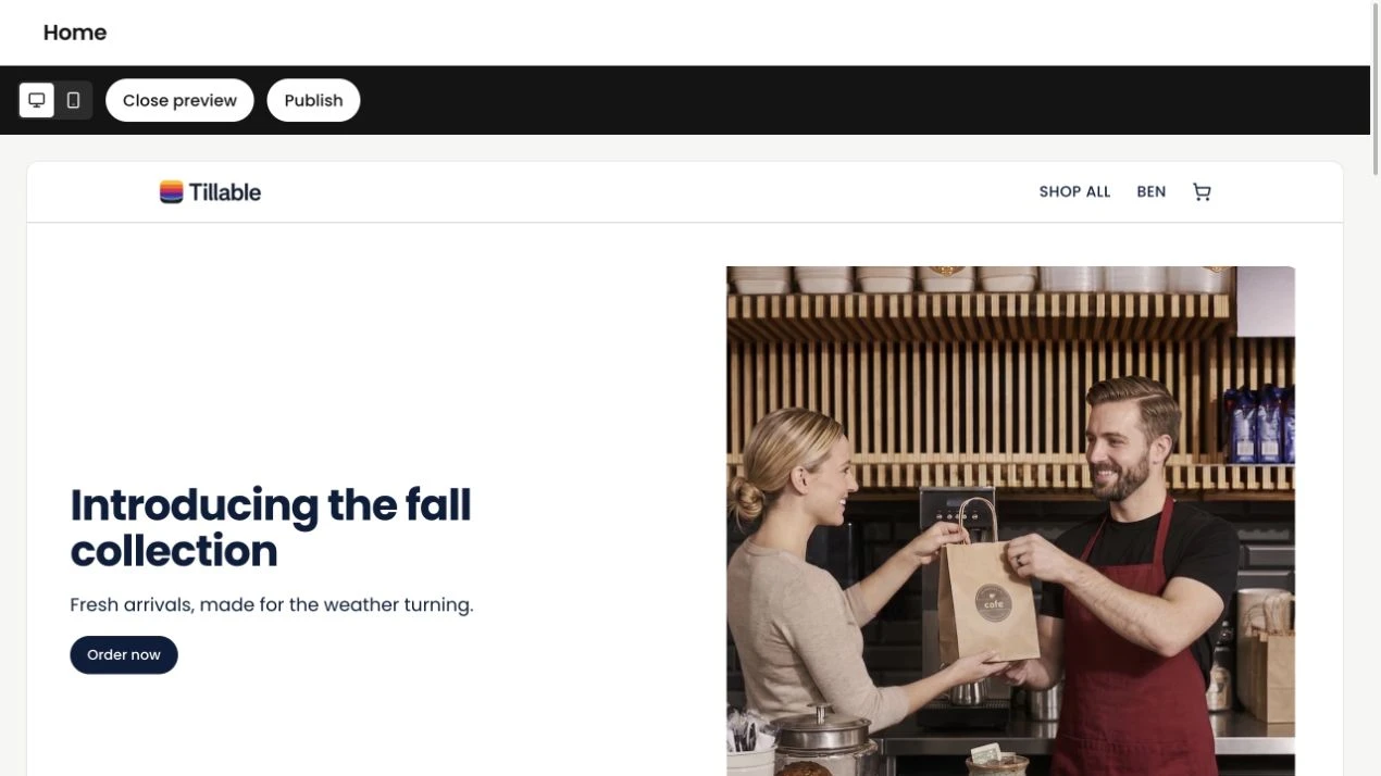 An online shop preview in Tillable’s website builder, showing products and the shop layout