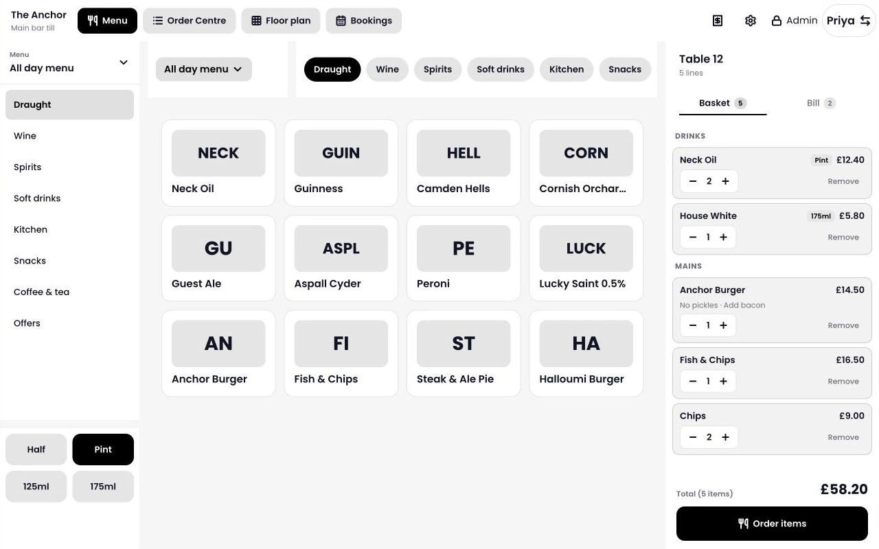 Tillable point-of-sale layout preview showing product categories, item tiles and an open order for the sample business The Anchor.