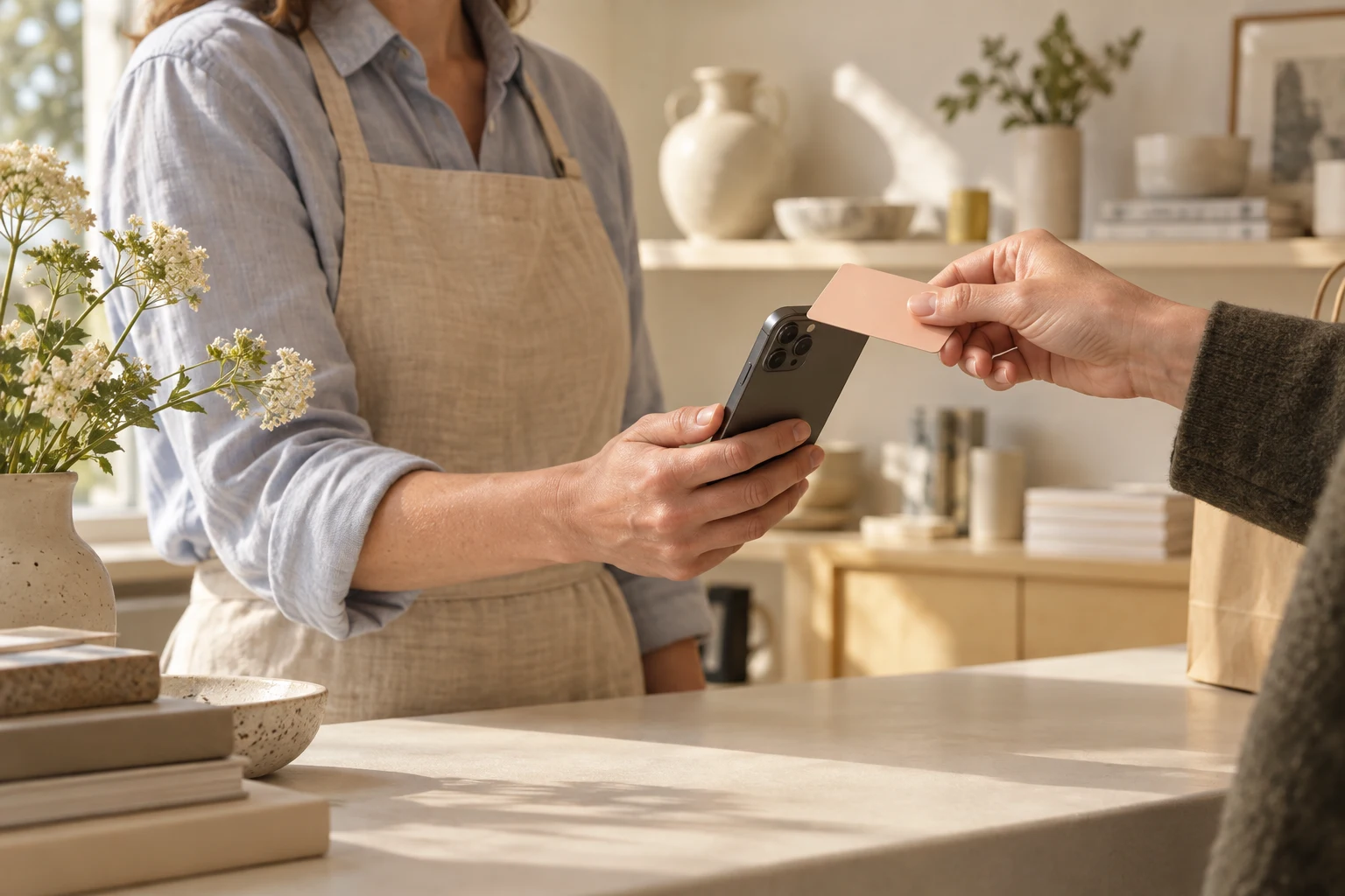 A customer presents a contactless card to a shopkeeper’s phone