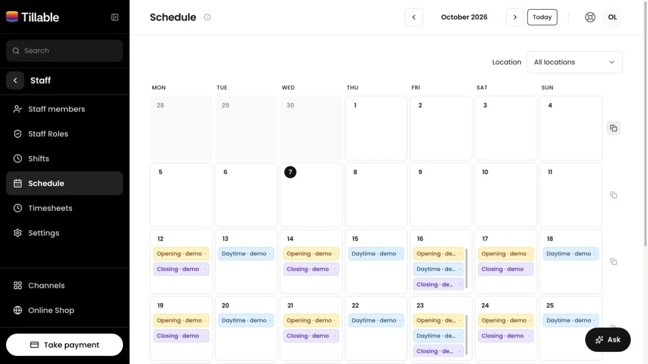 Tillable Staff Rota month calendar showing coloured demo shifts across the working week.