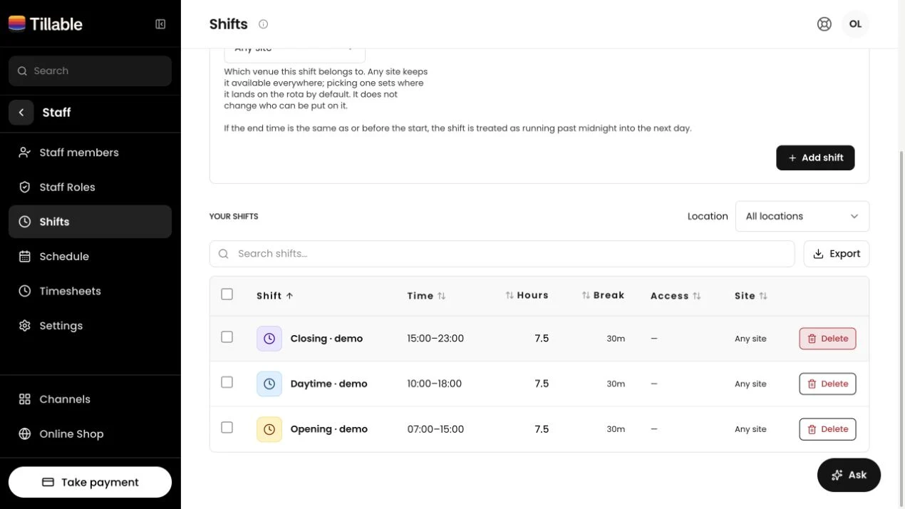 Tillable’s reusable shift library, with demo shifts and their start times, end times and unpaid breaks.