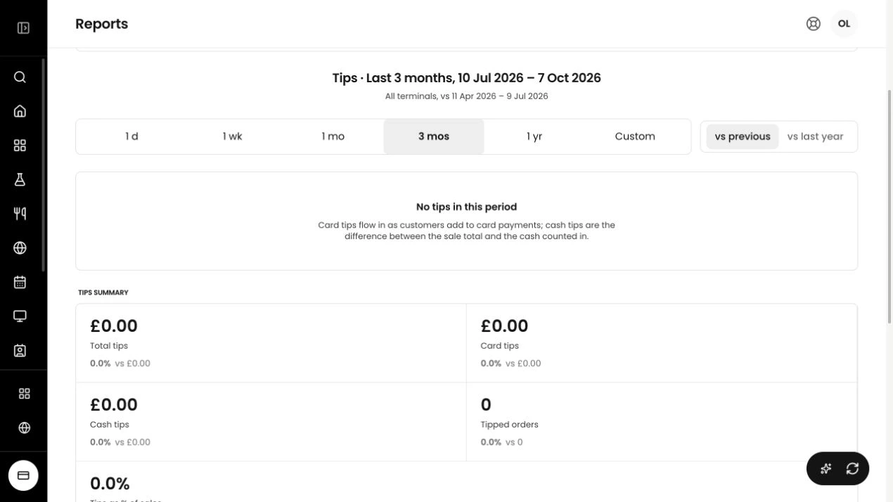 Tillable Tips report with date controls and separate total, card and cash tip figures in a development account